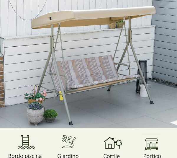 Outsunny Houpací Lavice pro 3 Osoby se Železnou Rámem a Nastavitelnou Sluneční Clonou, Polstrované Polštáře a Područky, 172x110x156cm | Aosom