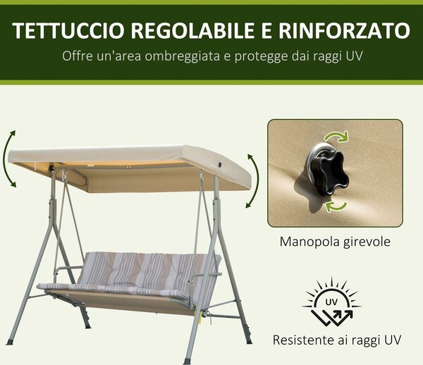 Outsunny Houpací Lavice pro 3 Osoby se Železnou Rámem a Nastavitelnou Sluneční Clonou, Polstrované Polštáře a Područky, 172x110x156cm | Aosom