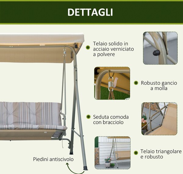Outsunny Houpací Lavice pro 3 Osoby se Železnou Rámem a Nastavitelnou Sluneční Clonou, Polstrované Polštáře a Područky, 172x110x156cm | Aosom