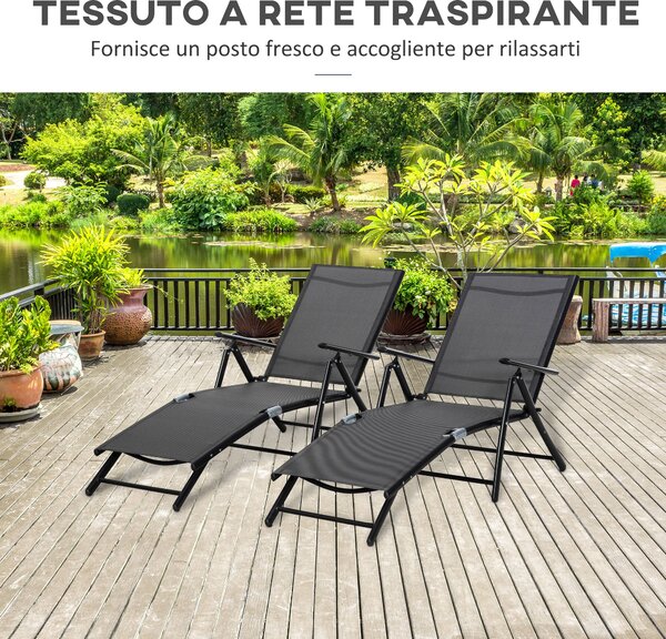 Set 2 skládacích zahradních lehátek Outsunny s 7-mi polohovým nastavitelným opěradlem, hliníkové lehátko na pláž s prodyšnou síťovinou, černé | Aosom