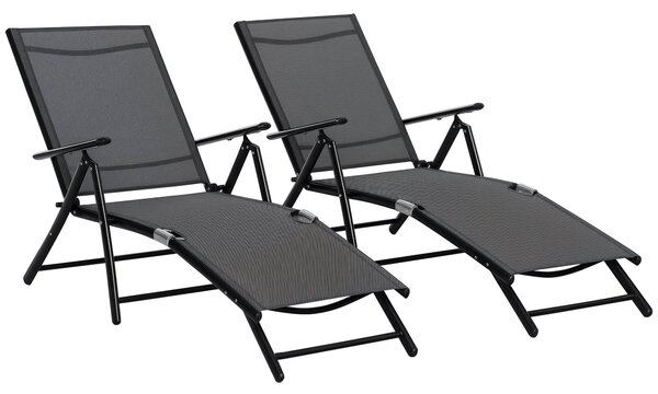 Set 2 skládacích zahradních lehátek Outsunny s 7-mi polohovým nastavitelným opěradlem, hliníkové lehátko na pláž s prodyšnou síťovinou, černé | Aosom