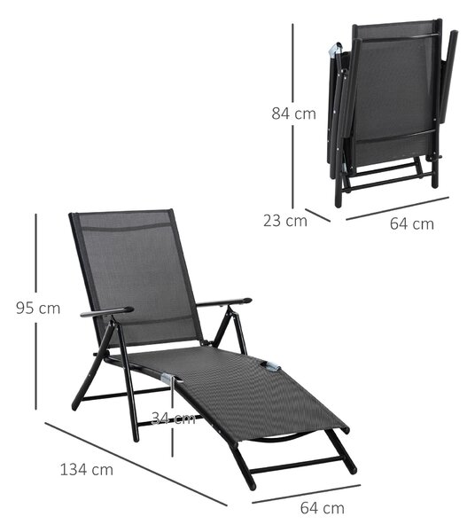 Set 2 skládacích zahradních lehátek Outsunny s 7-mi polohovým nastavitelným opěradlem, hliníkové lehátko na pláž s prodyšnou síťovinou, černé | Aosom