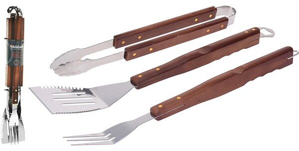 ProGarden Grilovací nářadí sada 3 ks VAGGAN BBQ, tmavé dřevo, nerez