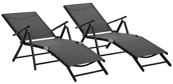 Set 2 skládacích zahradních lehátek Outsunny s 7-mi polohovým nastavitelným opěradlem, hliníkové lehátko na pláž s prodyšnou síťovinou, černé | Aosom