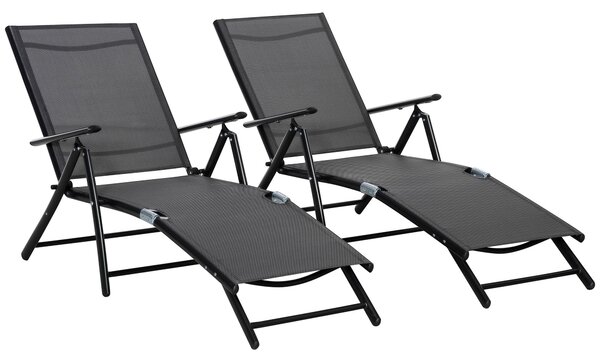 Set 2 skládacích zahradních lehátek Outsunny s 7-mi polohovým nastavitelným opěradlem, hliníkové lehátko na pláž s prodyšnou síťovinou, černé | Aosom