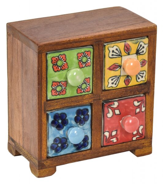 Dřevěná skříňka s 4 keramickými šuplíky, ručně malovaná, 15x11x16cm (3D)