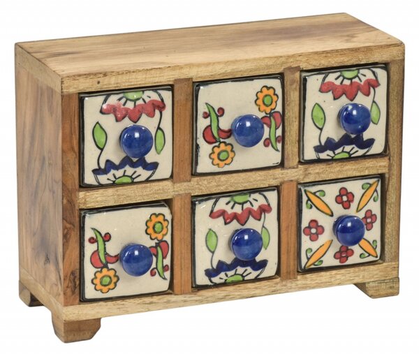Dřevěná skříňka s 6 keramickými šuplíky, ručně malovaná, 22x11x11cm (4C)