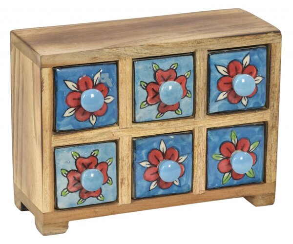 Dřevěná skříňka s 6 keramickými šuplíky, ručně malovaná, 22x11x11cm (4A)