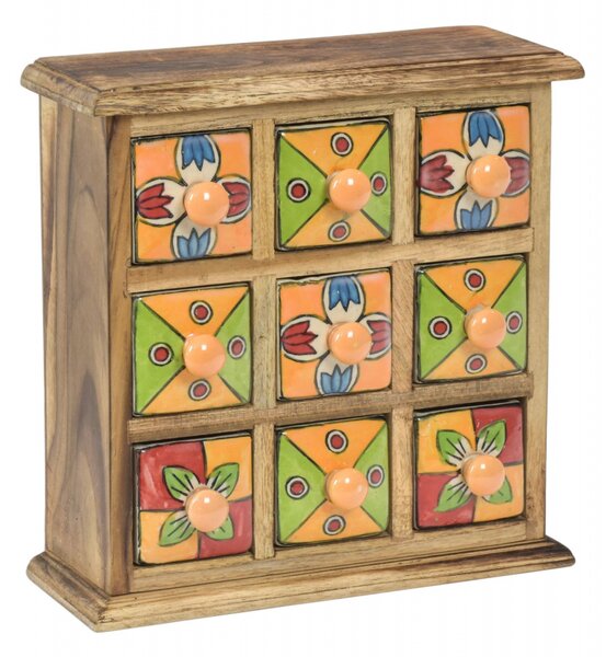 Dřevěná skříňka s 9 keramickými šuplíky, ručně malovaná, 24x11x24cm (5E)