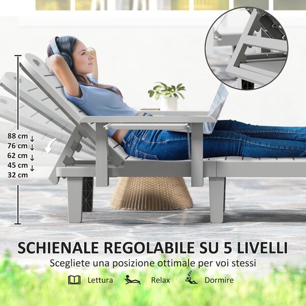 Outsunny 2-dílná nastavitelná sluneční lehátka se stolkem a ergonomickými opěrkami na ruce, voděodolné zahradní lehátko z polypropylenu, 79x158x88 cm