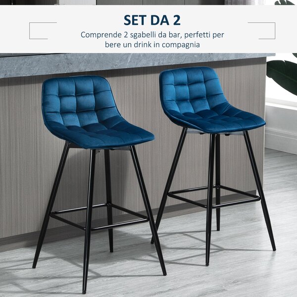 HOMCOM Sada 2 vysokých barových židlí v severském stylu s opěradlem a opěrkou nohou, barové židle s látkou efektu sametu a kovu, 45x47x88 cm, Modrá |