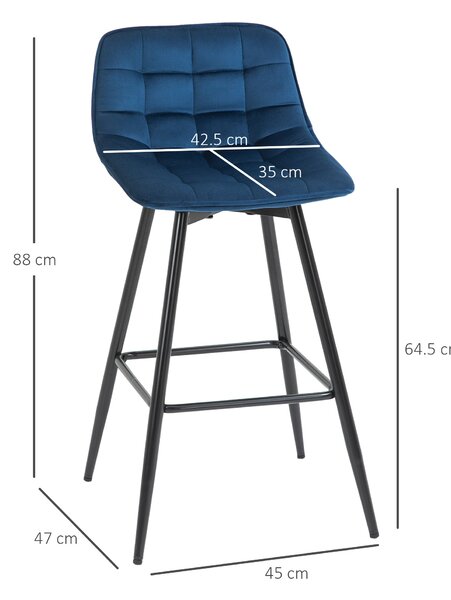 HOMCOM Sada 2 vysokých barových židlí v severském stylu s opěradlem a opěrkou nohou, barové židle s látkou efektu sametu a kovu, 45x47x88 cm, Modrá |