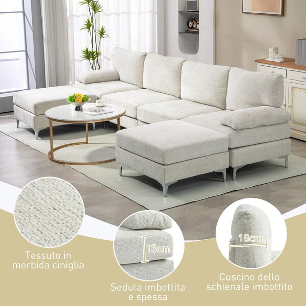 HOMCOM 4-místná modulární pohovka se 2 taburety a polštáři na opěradla a ruce, chaise sofa v žinylkovém materiálu, 313x149x88 cm, krémová bílá | Aosom