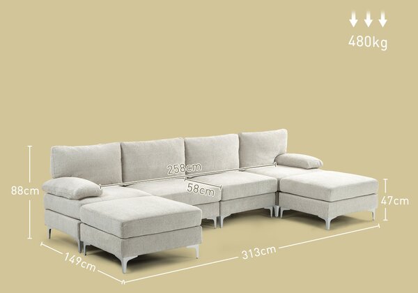 HOMCOM 4-místná modulární pohovka se 2 taburety a polštáři na opěradla a ruce, chaise sofa v žinylkovém materiálu, 313x149x88 cm, krémová bílá | Aosom