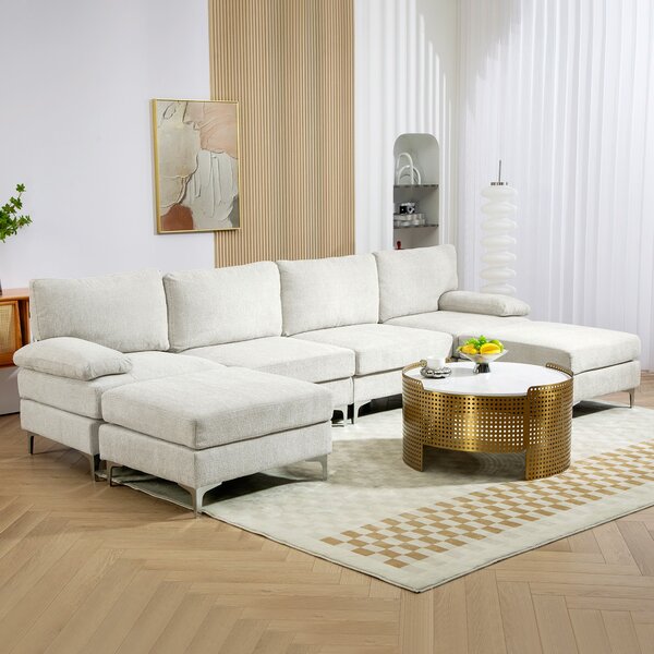 HOMCOM 4-místná modulární pohovka se 2 taburety a polštáři na opěradla a ruce, chaise sofa v žinylkovém materiálu, 313x149x88 cm, krémová bílá | Aosom