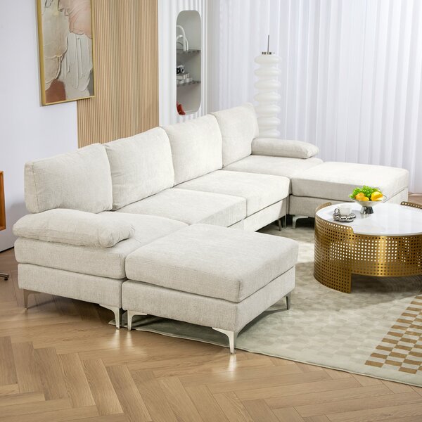 HOMCOM 4-místná modulární pohovka se 2 taburety a polštáři na opěradla a ruce, chaise sofa v žinylkovém materiálu, 313x149x88 cm, krémová bílá | Aosom