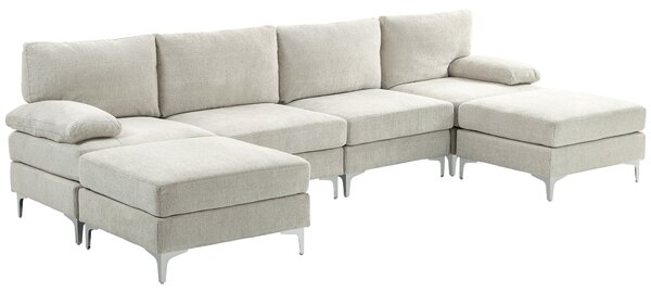 HOMCOM 4-místná modulární pohovka se 2 taburety a polštáři na opěradla a ruce, chaise sofa v žinylkovém materiálu, 313x149x88 cm, krémová bílá | Aosom