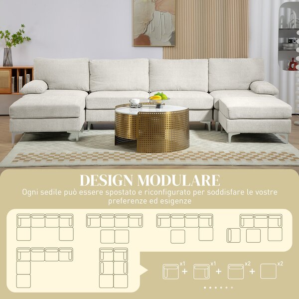 HOMCOM 4-místná modulární pohovka se 2 taburety a polštáři na opěradla a ruce, chaise sofa v žinylkovém materiálu, 313x149x88 cm, krémová bílá | Aosom