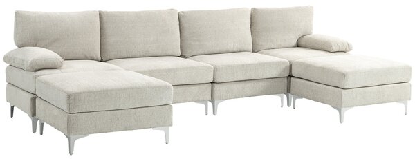 HOMCOM 4-místná modulární pohovka se 2 taburety a polštáři na opěradla a ruce, chaise sofa v žinylkovém materiálu, 313x149x88 cm, krémová bílá | Aosom