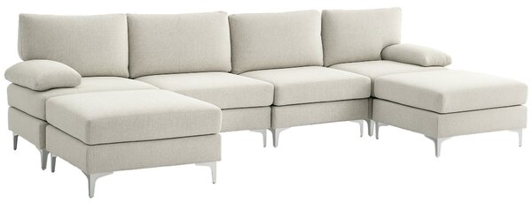 HOMCOM 4-místná modulární pohovka se 2 taburety a polštáři na opěradla a ruce, chaise sofa v žinylkovém materiálu, 313x149x88 cm, krémová bílá | Aosom