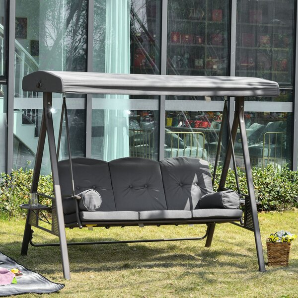 Outsunny 3-místná zahradní houpačka s nastavitelnou střechou, držáky na hrnky a polštáři, venkovní houpačka z kovu a polyesteru, 208x121x172 cm, tmavě