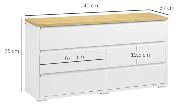 HOMCOM 6-zásuvkový komoda z bílé dřevotřísky do ložnice, pracovny a obývacího pokoje, 140x37x75cm | Aosom
