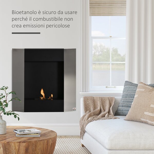HOMCOM Nástěnný Bioetanolový Krb s 0,7L Nádrží a Krytem pro 20m², Ocel, 72x11x72cm, Stříbrný a Černý | Aosom