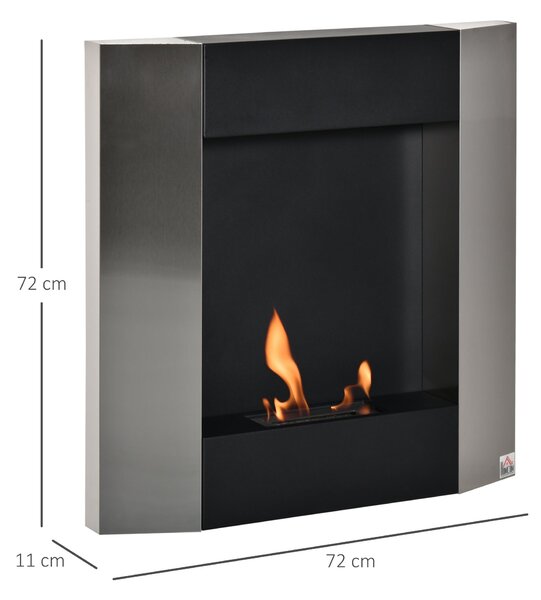 HOMCOM Nástěnný Bioetanolový Krb s 0,7L Nádrží a Krytem pro 20m², Ocel, 72x11x72cm, Stříbrný a Černý | Aosom