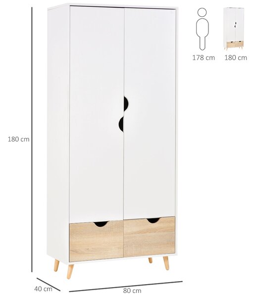 HOMCOM Dvoudveřová skříň s 1 policí, 1 věšákem, 2 zásuvkami s vyřezávanými úchyty, bílá 80x40x180cm | Aosom