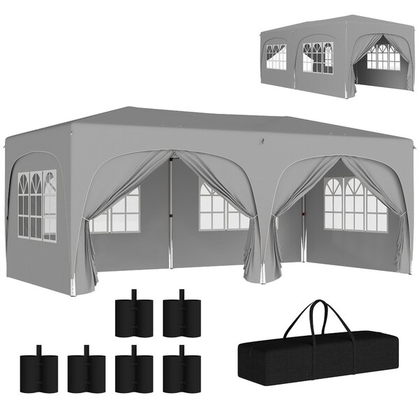 Pavilion Outsunny přibližně 3x6m, voděodolný, stabilní, zimní, sklopný pavilion, UV ochrana 50+, skládací párty stan, zahradní stan s 6 bočními částmi