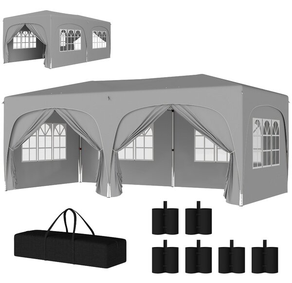 Pavilion Outsunny přibližně 3x6m, voděodolný, stabilní, zimní, sklopný pavilion, UV ochrana 50+, skládací párty stan, zahradní stan s 6 bočními částmi