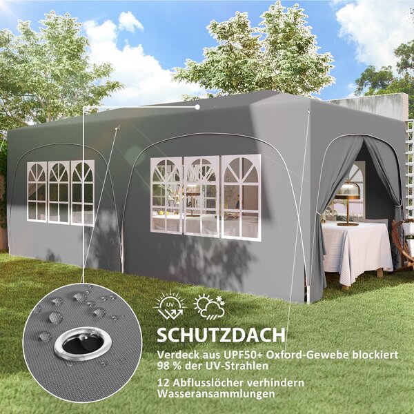 Pavilion Outsunny přibližně 3x6m, voděodolný, stabilní, zimní, sklopný pavilion, UV ochrana 50+, skládací párty stan, zahradní stan s 6 bočními částmi