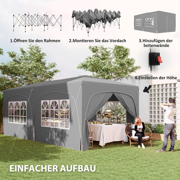 Pavilion Outsunny přibližně 3x6m, voděodolný, stabilní, zimní, sklopný pavilion, UV ochrana 50+, skládací párty stan, zahradní stan s 6 bočními částmi