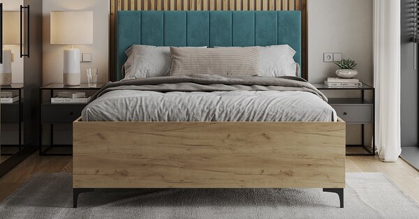 Postel SIERRA 120×200 s kovovým zdvižným roštem TRINITY Dub Craft - Tyrkysová