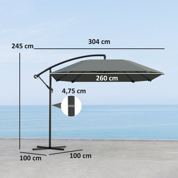 Outsunny Otáčecí Slunečník Hliníkový Ø 260 cm, Voděodolný Kloubový Slunečník se Stojanem, Kloubový, Odolný proti Větru, Nastavitelný Slunečník pro Zah