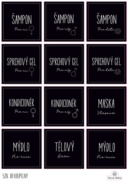 Samolepky na lahvičky do koupelny 65x65 mm 12ks Barva: Černá