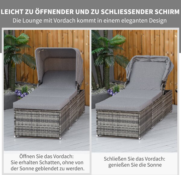Zahradní lehátko Outsunny z poly ratanového materiálu s slunečníkem, nastavitelný ratanový slunečník šedé barvy 195 x 65 x 40 cm | Aosom