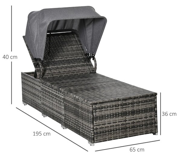 Zahradní lehátko Outsunny z poly ratanového materiálu s slunečníkem, nastavitelný ratanový slunečník šedé barvy 195 x 65 x 40 cm | Aosom
