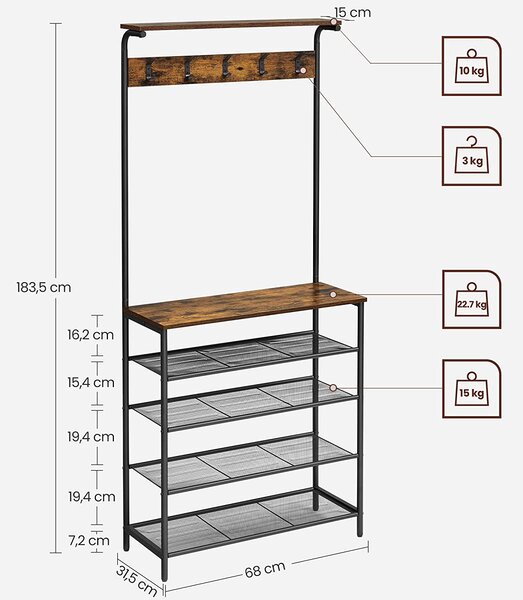 SONGMICS Předsíňový věšák s botníkem Kotona 68 cm hnědý