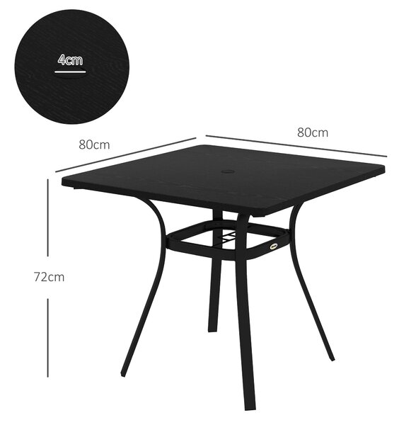 Zahradní stůl Outsunny, jídelní stůl s otvorem pro slunečník, čtvercový balkonový stůl pro 4 osoby s nožičkami, unese až 70 kg pro terasu, ocel, černý