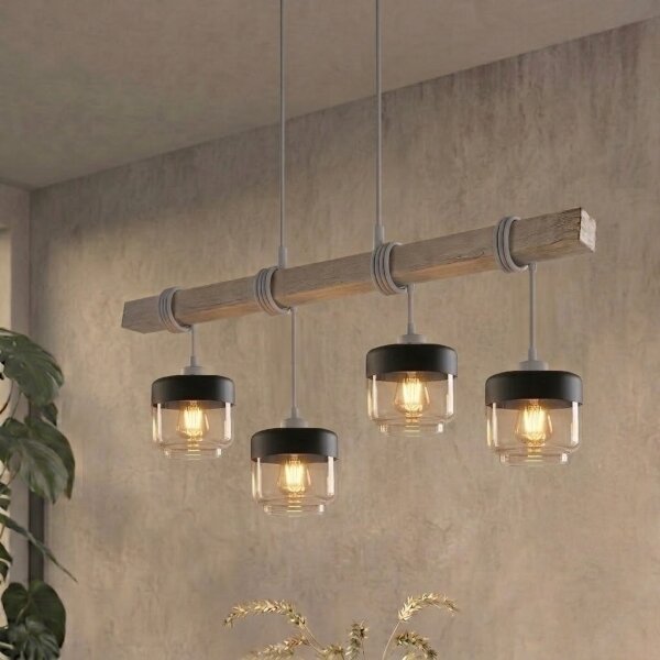 Brilagi - Lustr na lanku WOOD GLASS 4xE27/60W/230V borovice/šedá/kouř hnědá