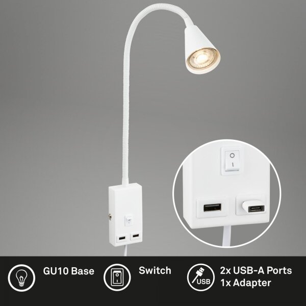Briloner 2175-016 - Flexibilní nástěnná lampa s USB portem 1xGU10/10W/230V bílá