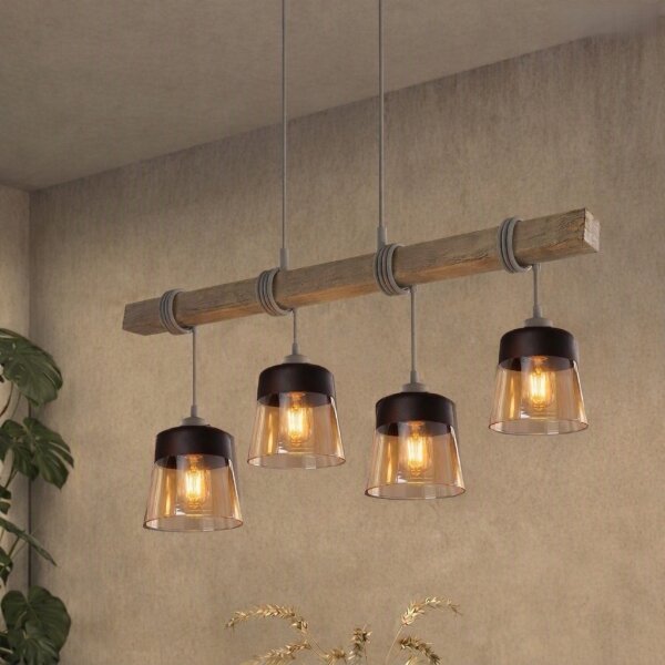 BRILAGI - Lustr na lanku WOOD GLASS 4xE27/60W/230V borovice/šedá/kouř hnědá