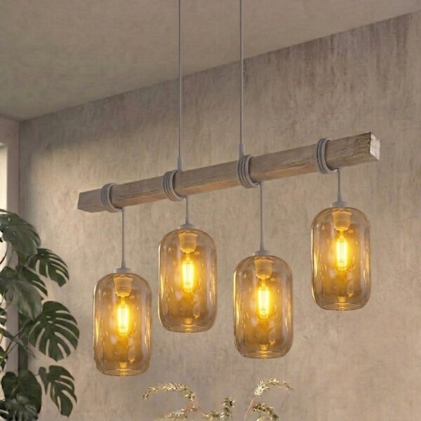 BRILAGI - Lustr na lanku WOOD GLASS 4xE27/60W/230V borovice/šedá/kouř šedá