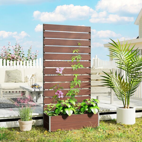 Outsunny Hrnková Skříň s Trellis, Vyvýšený Zahradní Záhon, Venkovní Hrnkovník pro Popínavé Rostliny, Obdélníkový Květináč pro Balkon a Terasu, 90,5x38