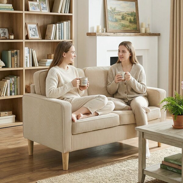 HOMCOM dvoumístná manšestrová pohovka s úložným prostorem a 2 polštářky – béžová | Aosom