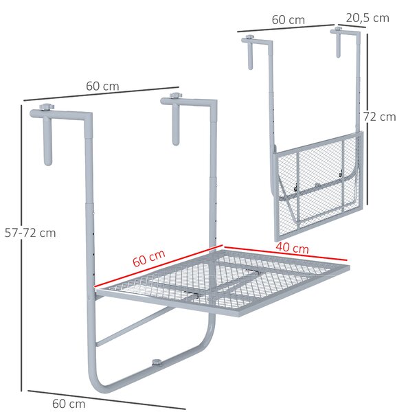 Outsunny skládací závěsný balkónový stůl – 4polohové nastavení, svorka na zábradlí, odolný, 60 × 40 cm, šedý | Aosom