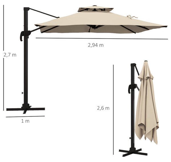Outsunny Slunečník cca 3 x 3 m s 360stupňovým otočným mechanismem - zahradní slunečník s ručním kličkou pro balkon Alu Khaki | Aosom