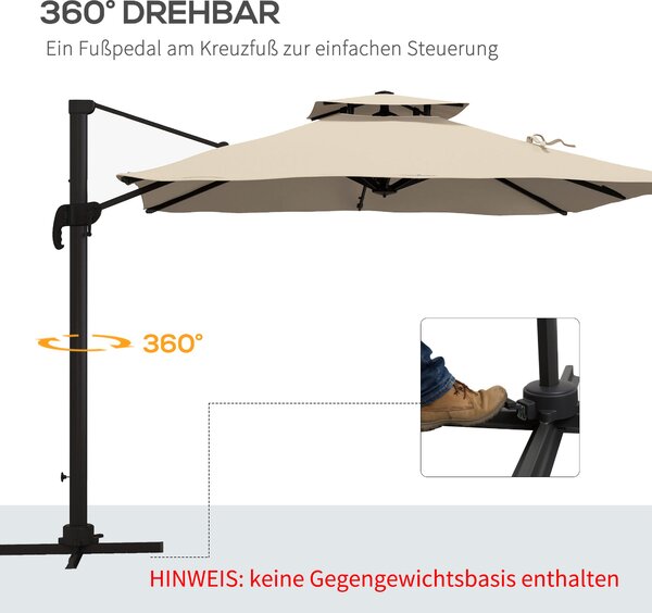 Outsunny Slunečník cca 3 x 3 m s 360stupňovým otočným mechanismem - zahradní slunečník s ručním kličkou pro balkon Alu Khaki | Aosom