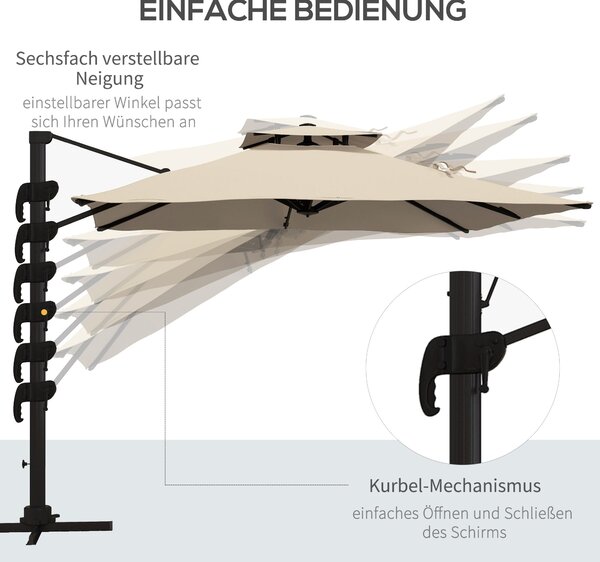 Outsunny Slunečník cca 3 x 3 m s 360stupňovým otočným mechanismem - zahradní slunečník s ručním kličkou pro balkon Alu Khaki | Aosom